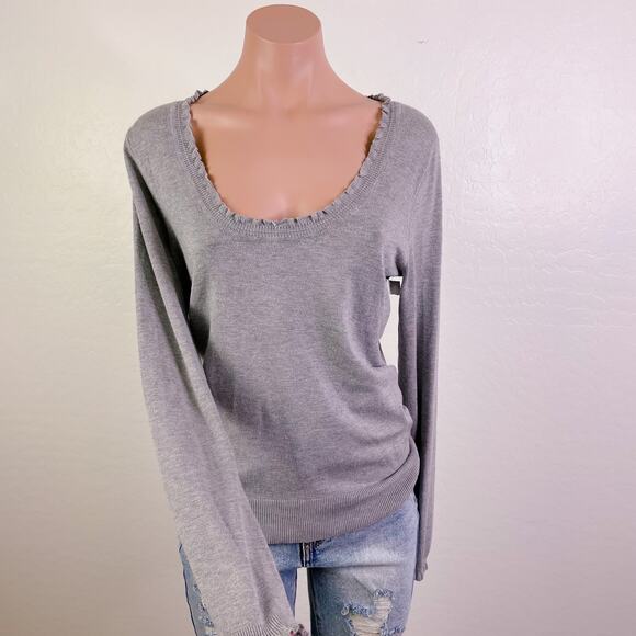 Max Studio Ruffle Scoop Neck Long Sleeve Knit Pullover Sweater Gray size S NWOT - Picture 1 of 12